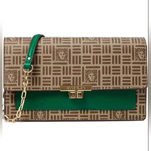 Anne Klein Brown/Green Tile Lion Logo East/West Flap Shoulder Bag